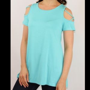 Blue Criss Cross Cold Shoulder Top